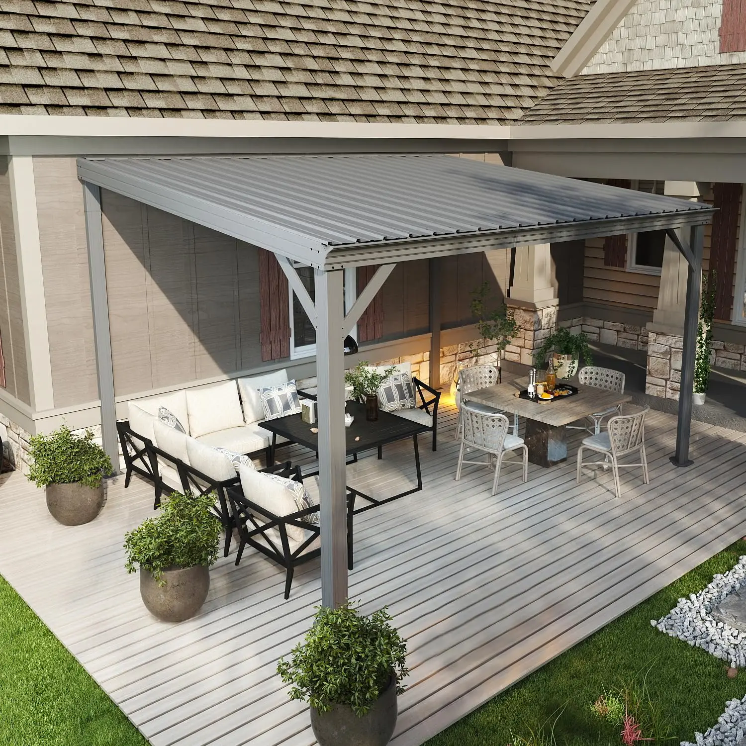 

10x12 Wall-Mounted Hardtop Gazebo Shelter Sloped Galvanized Steel Roof Drainage Patio Cover Backyard, Custom