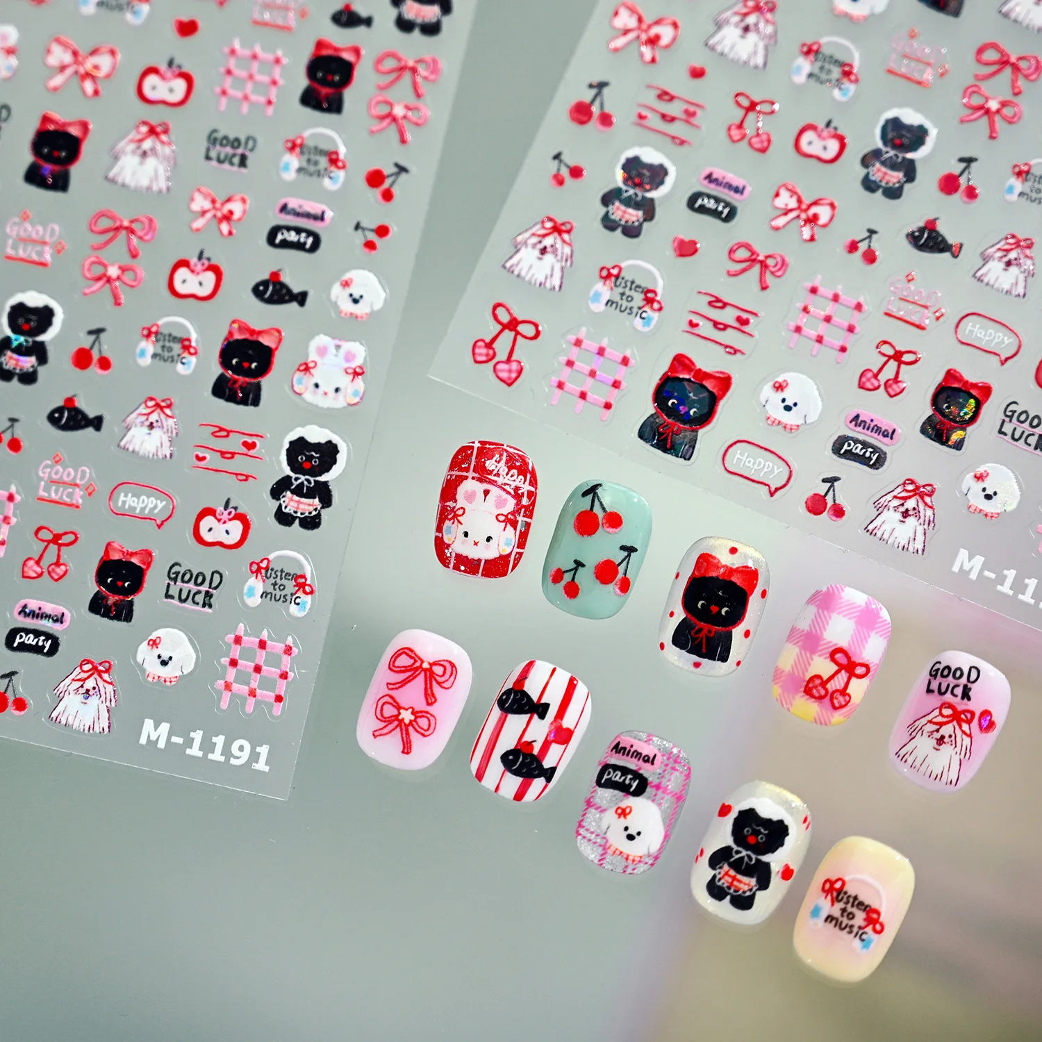 جميل لامعة أرنب الكلب القط Bowknot الكرز أبل الحب ثلاثية الأبعاد ذاتية اللصق مسمار الفن ملصقات لطيف الكرتون الكتابة على الجدران مانيكير الشارات