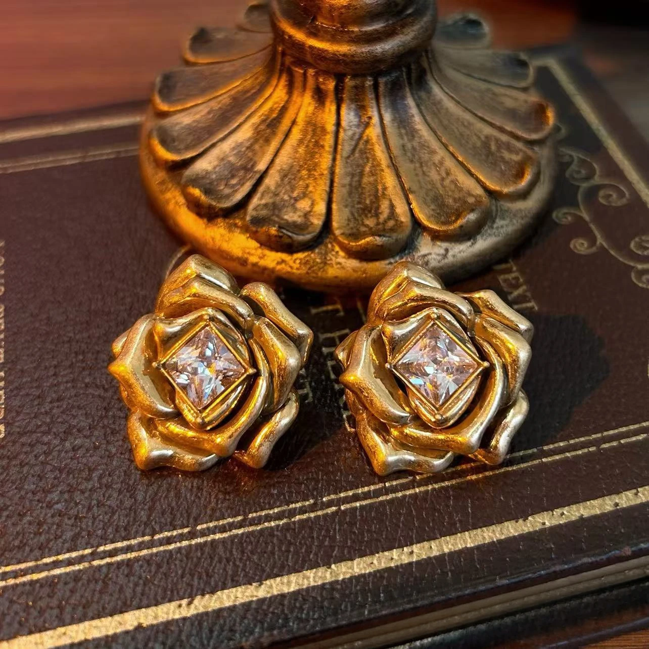 Vintage Zircon Three Dimensional Rose Elegant Palace Style Earrings for Women