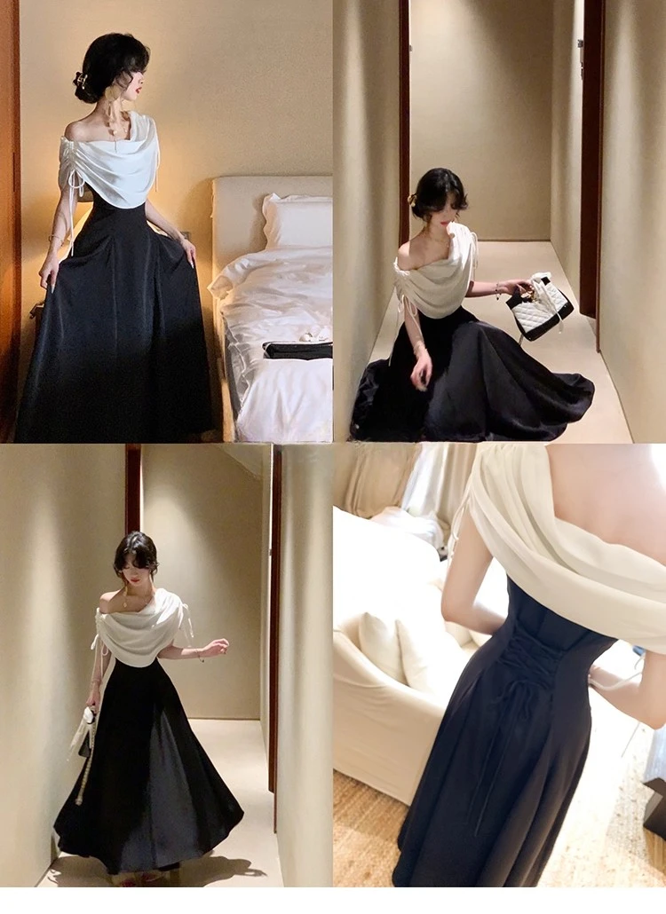 فستان نسائي بكتف مائل بلا أكمام ، فستان أنيق من قطعة واحدة ، فستان فرنسي ضيق ، كاجوال ، حفلة مسائية ، موضة كورية ، صيف