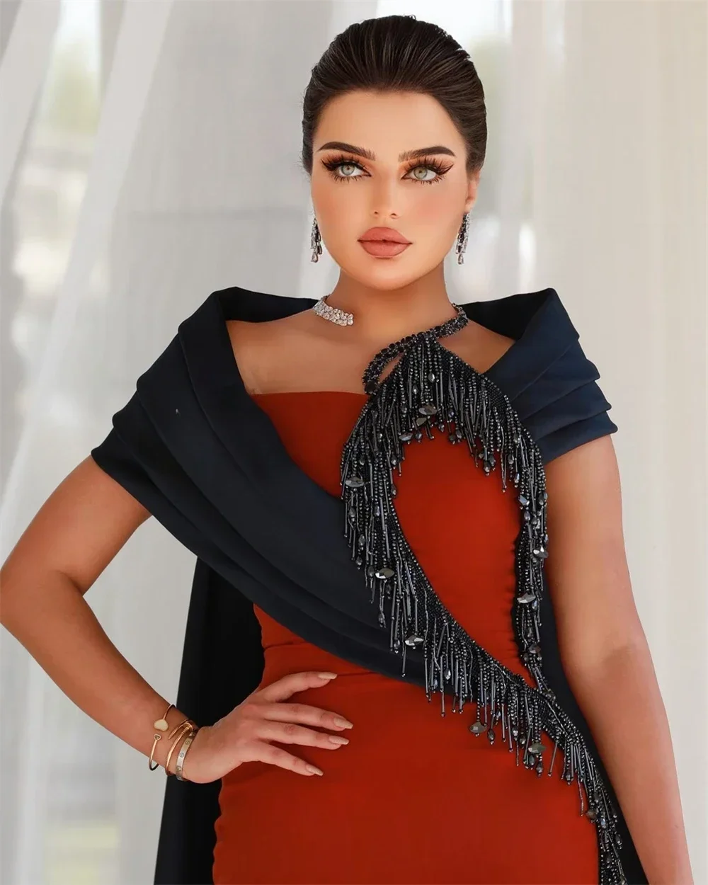 Customized Saudi Arabia Formal Evening Gown Irregular Collar Column Floor Length Tassel Skirts Vertically Bespoke Occasion Dress