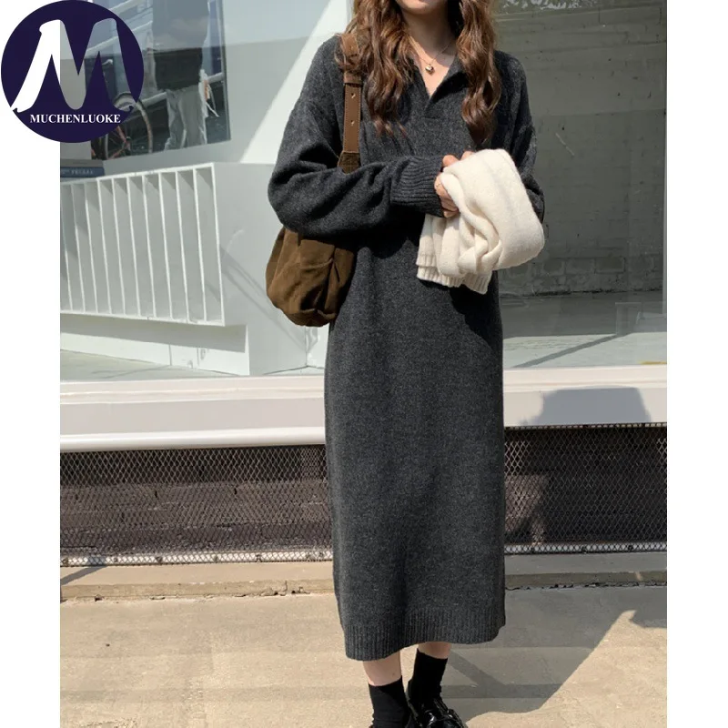 Vestidos femininos elegantes outono inverno estilo preguiçoso gola polo camisola de malha vestido coreano moda casual solto vestidos quentes