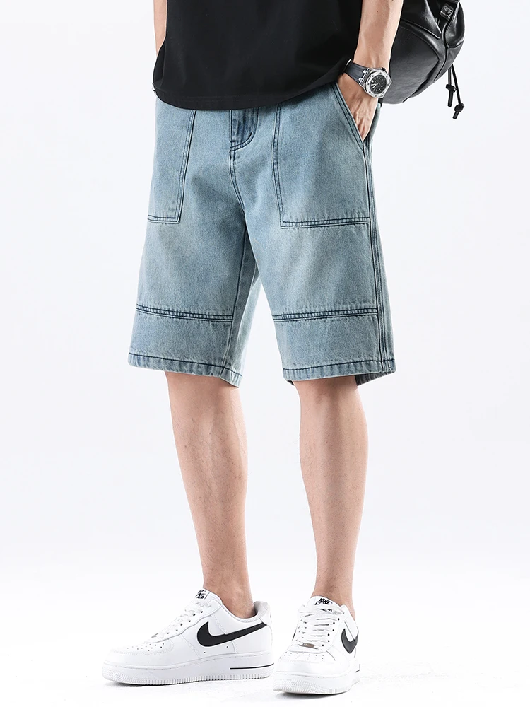 

Summer Fashion Spliced Denim Shorts Men's Streetwear Personalized Straight Loose Jeans Casual Vintage Bermuda Short Pants