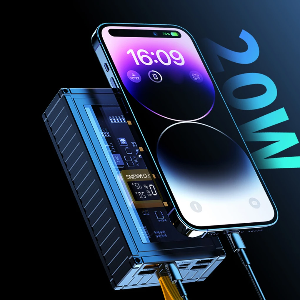 باور بانك على شكل حاوية شفافة 20000 مللي أمبير في الساعة مع شحن سريع 120 وات مدمج لهاتف آيفون 16 15 14 وشاومي #5