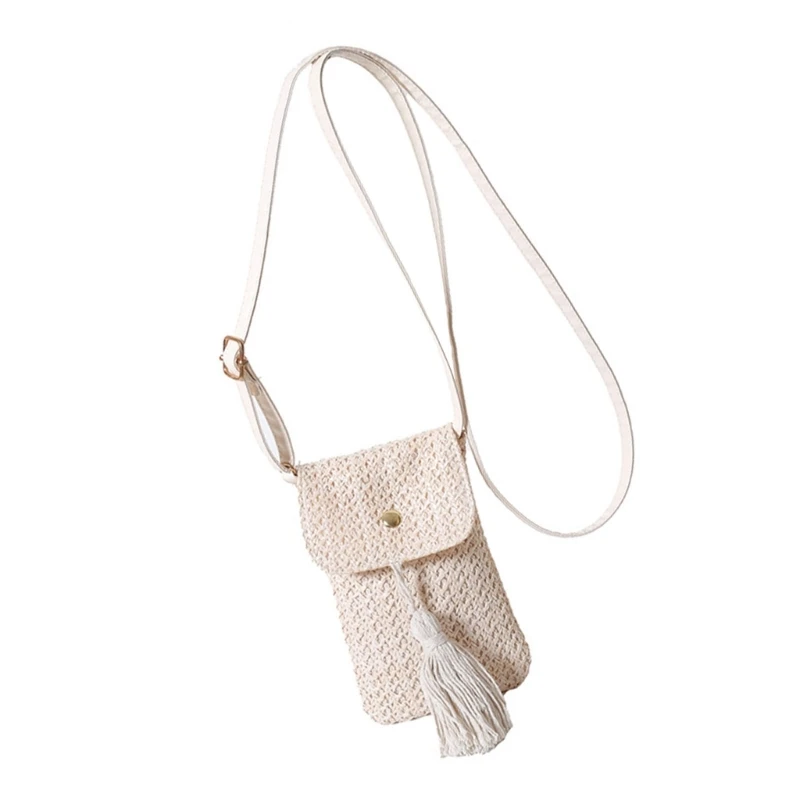 E74B Woven Straw Phone Bag with Adjsutable Strap and Tassels Shoulder Crossbody Purse Wallet for Women Beach and Travel