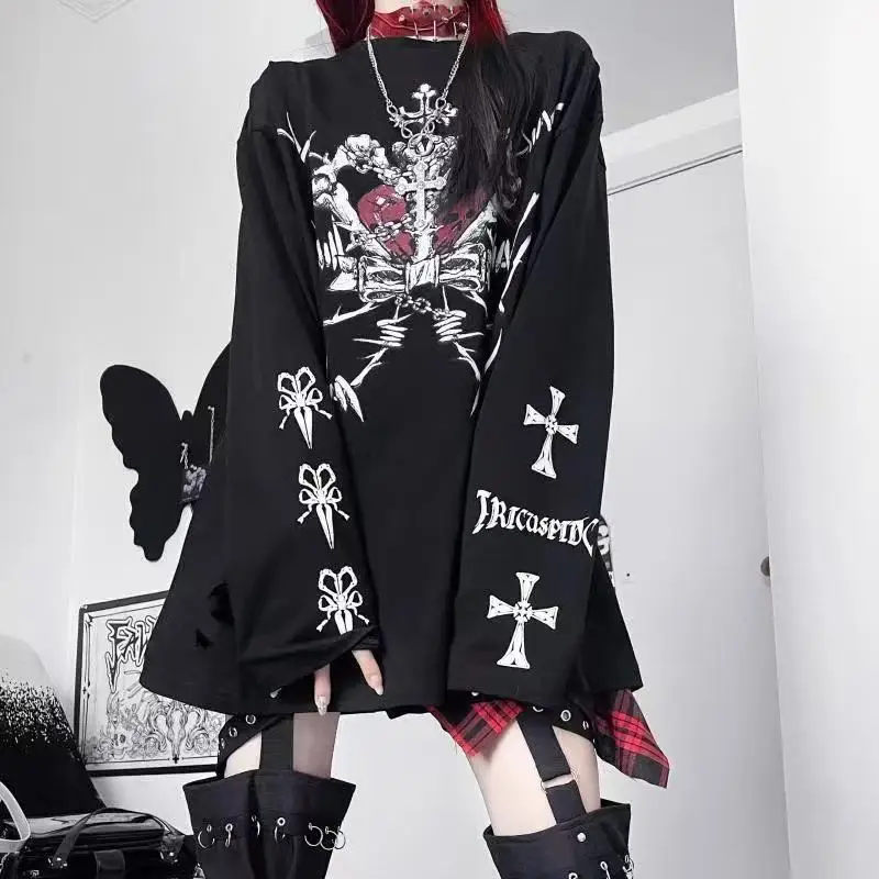 Japanese-style printed subculture dark skull crown loose long-sleeve T-shirt for spring and autumn, gothic style top for girls