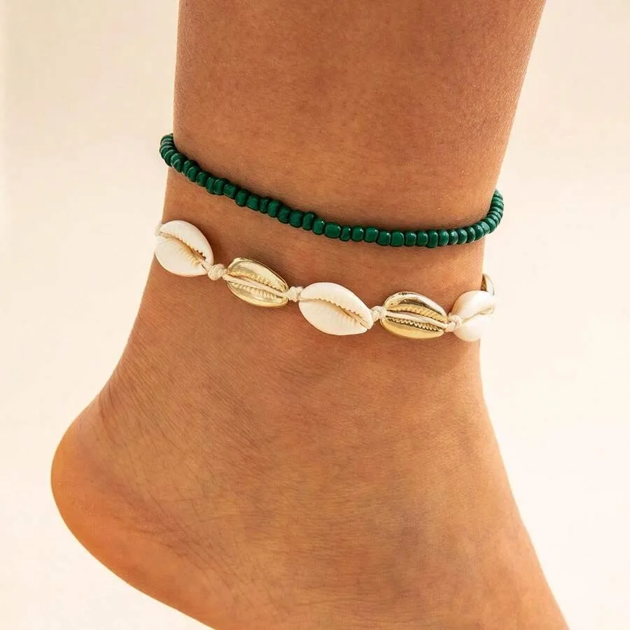

Shell Jewelry European And American Ocean Beach Vacation Style Beaded Two-Piece Set Color-Contrast Shell Handmade Anklet
