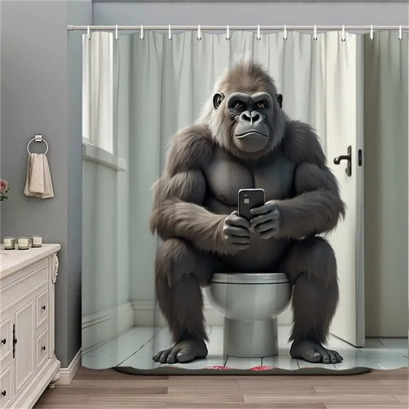 Funny Gorilla Sitting on Toilet Shower Curtain with Smartphone - Humorous Polyester Bathroom Decor, Digital Print High-Quality