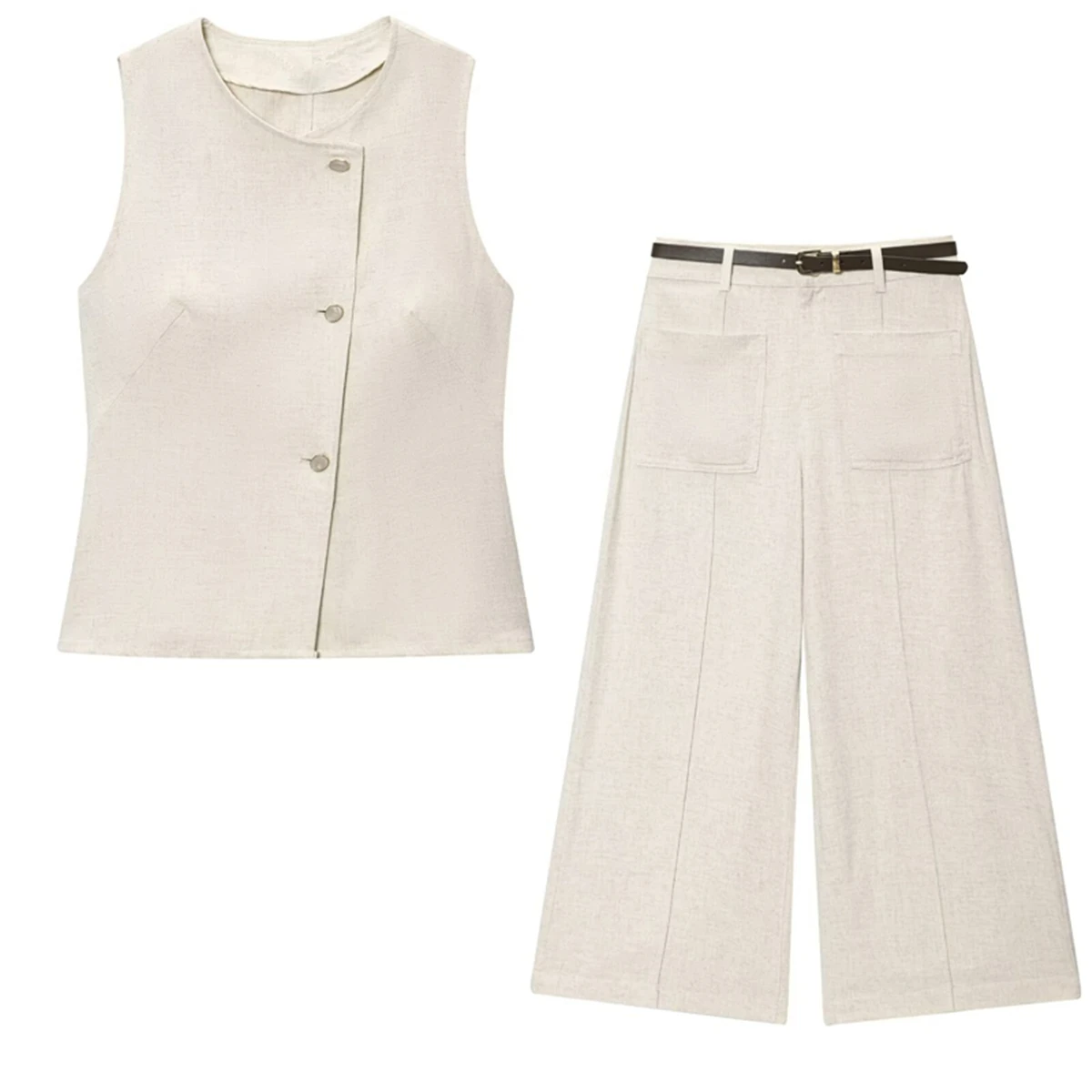 

Maxdutti French Country Beige Single Breasted Vest Wide Leg Pants Set High Waist Casual Pants Two-piece Set Suits Women