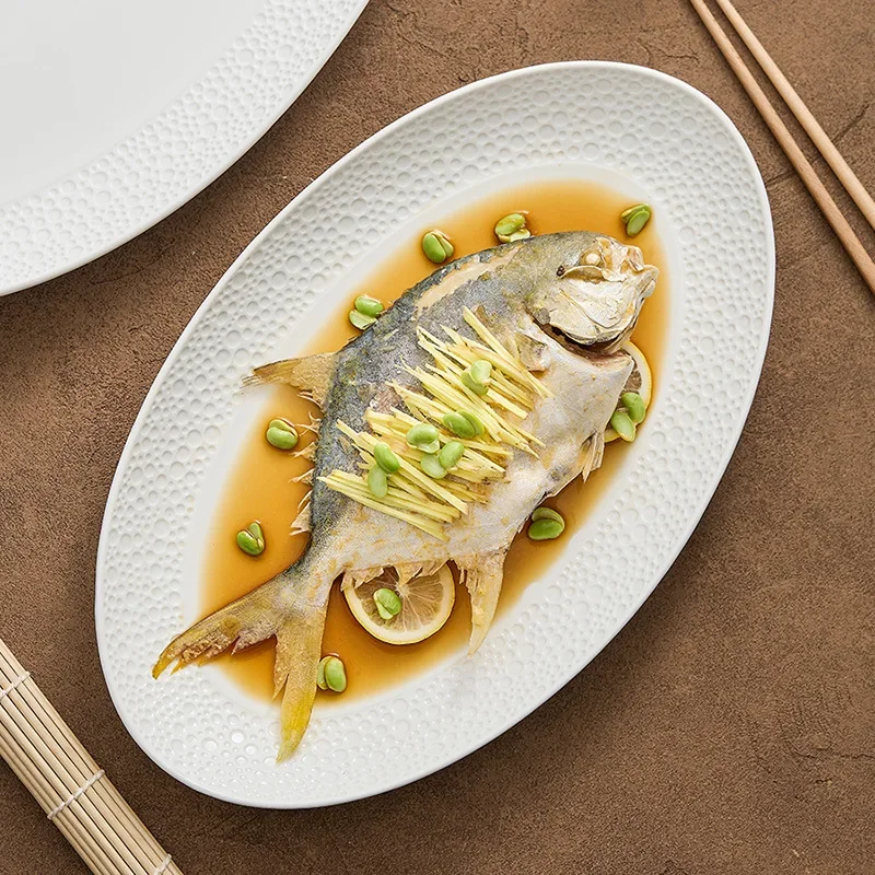 【Premium】Creative Ceramic Round Fish Plate, High End Hotel Restaurant, Elliptical Steamed Fish Plate, Home Kitchen Supplies