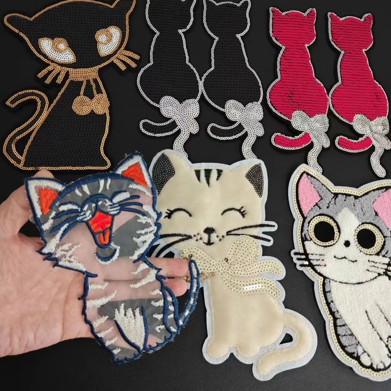 Large Cat Sew on Patches For Clothing Sequins Plush Lace Biker Badge Patch Sequined Women Clothes Stickers Strange things