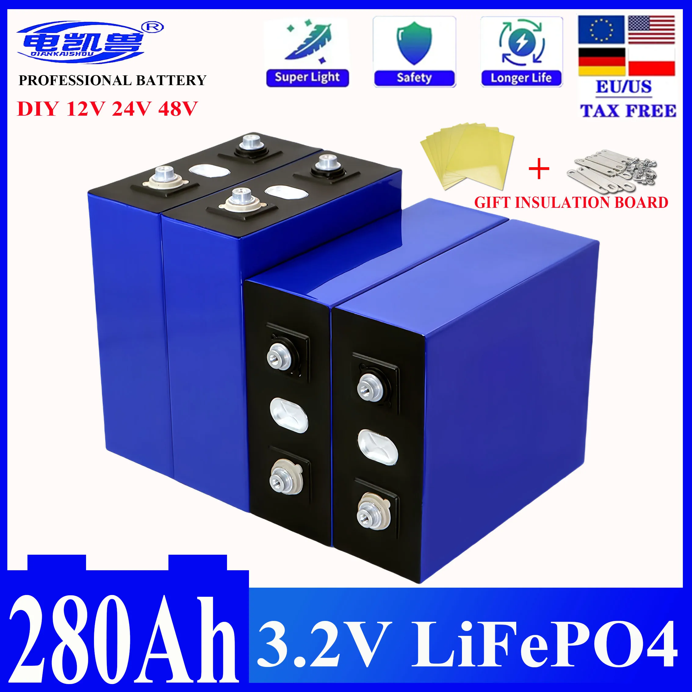 

NEW 16PCS 3.2V 280AH Lifepo4 Battery Grade A 8000 cycle DIY V48V Rechargeable Lithium Iron Phosphate Cell For Golf Cart Boat