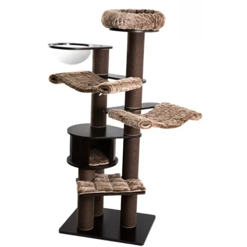 

Современный роскошный деревянный кошачий домик коричневого цвета с роскошной фланелевой лежанкой, кошачьим домиком-кондо и стойкой для когтеточков из сизаля для игрушек и принадлежностей для животных