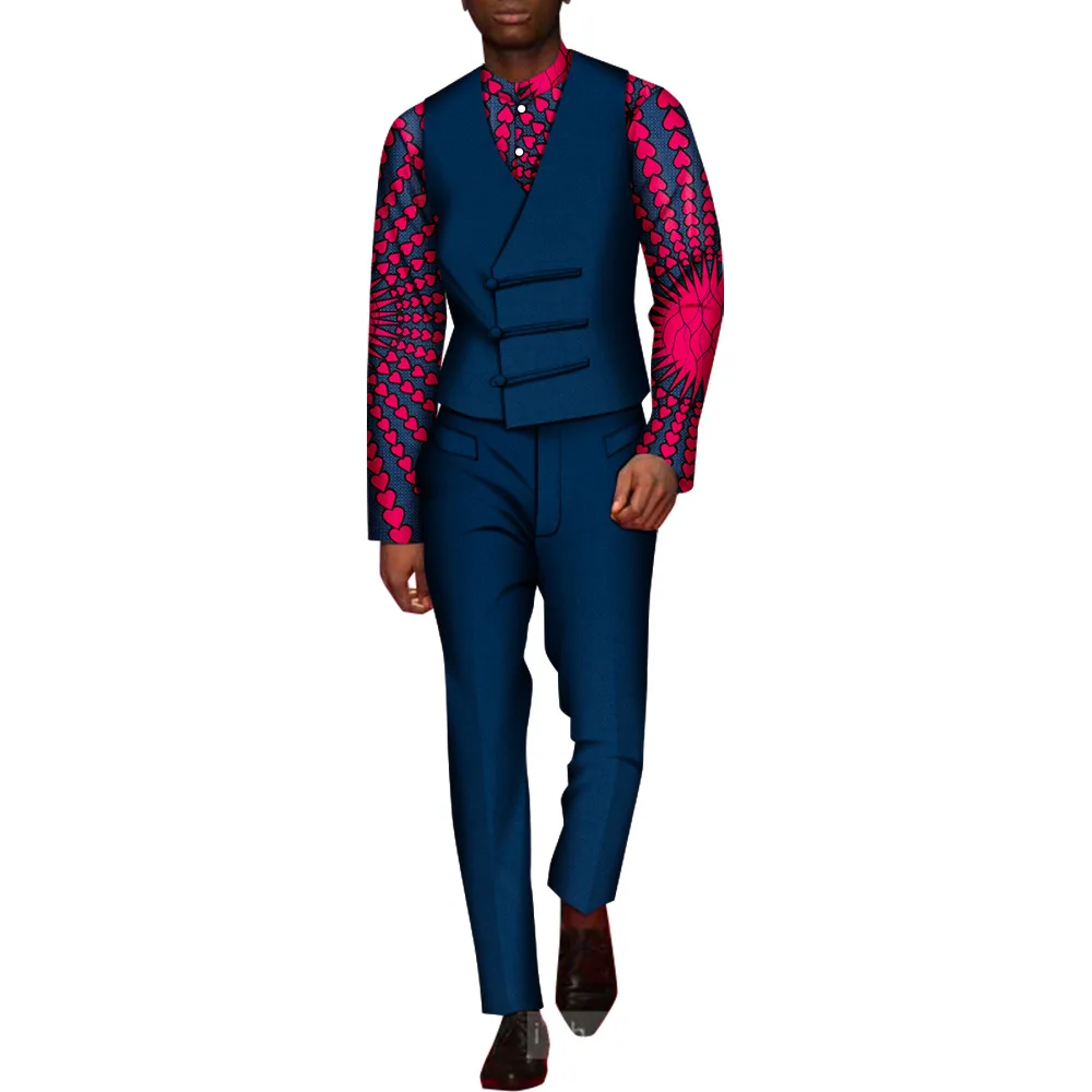 

New Arrive African Dashiki Outfits Mens Print Suit Shirt Vest Pants Classic Gentle mens Tuxedo Prom Vest Custom 3 Pieces Set