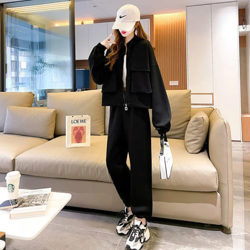 Fashion Trend Sports Outfits Women's Spring Autumn New Loose Casual Coat High Solid Color Waist Casual Pants Two Piece Set