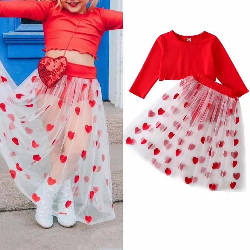 1-6Y Kids Girls Valentine Day Outfits Long Sleeve  Solid Color Crop T shirt Tops See Through Mesh Heart Half Dress with Shorts