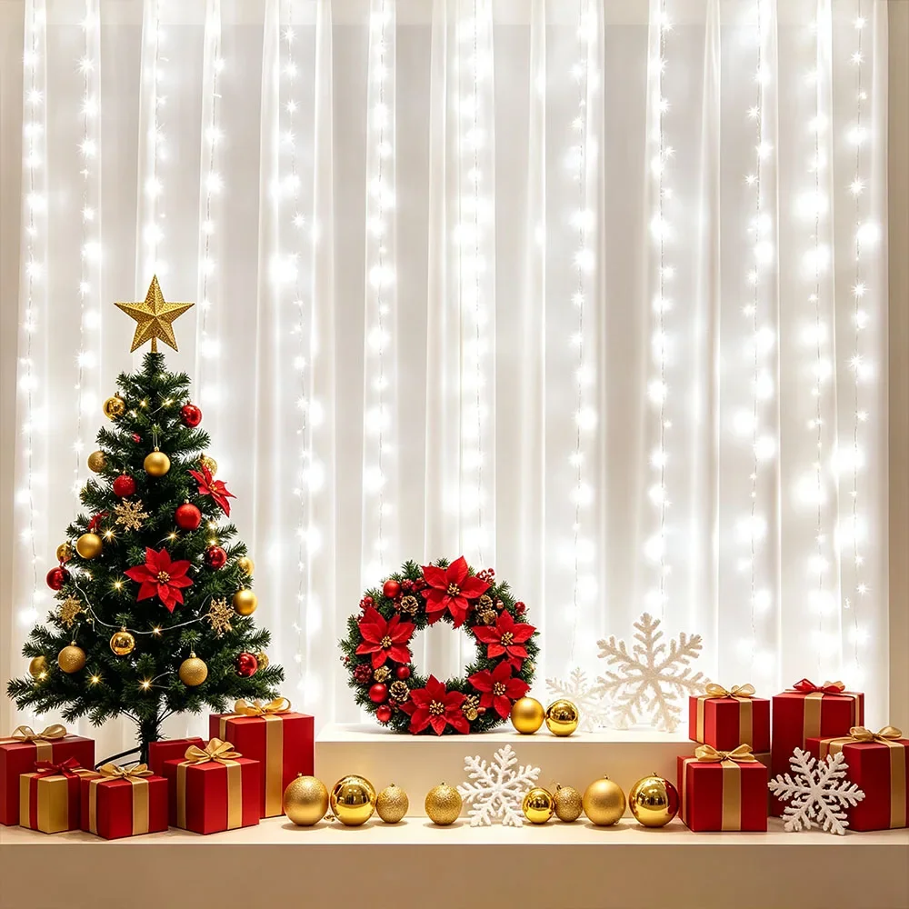 3M*3M 300 LEDs Curtain String Lights Fairy Decoration with 8 Modes for Christmas Home Bedroom Festive Party Lighting