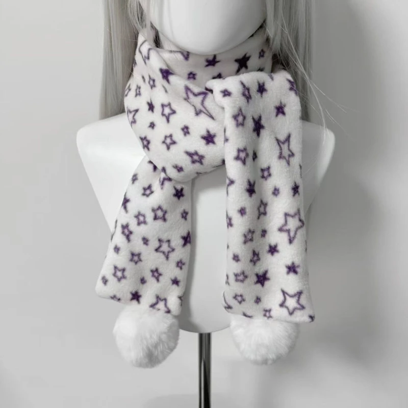 

90s Goth Star White Scarf Y2k Harajuku Fashion Thickened Velvet Cutecore Designer Scarves Ladies Winter Neck Warmer Muffler Girl