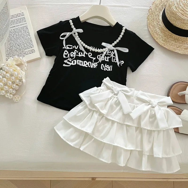 

Children's Outfit Dress New Summer Girls Korean Style Printed Baby Short SleeveTShirt Top+Two-Piece Skirt Set Trendy