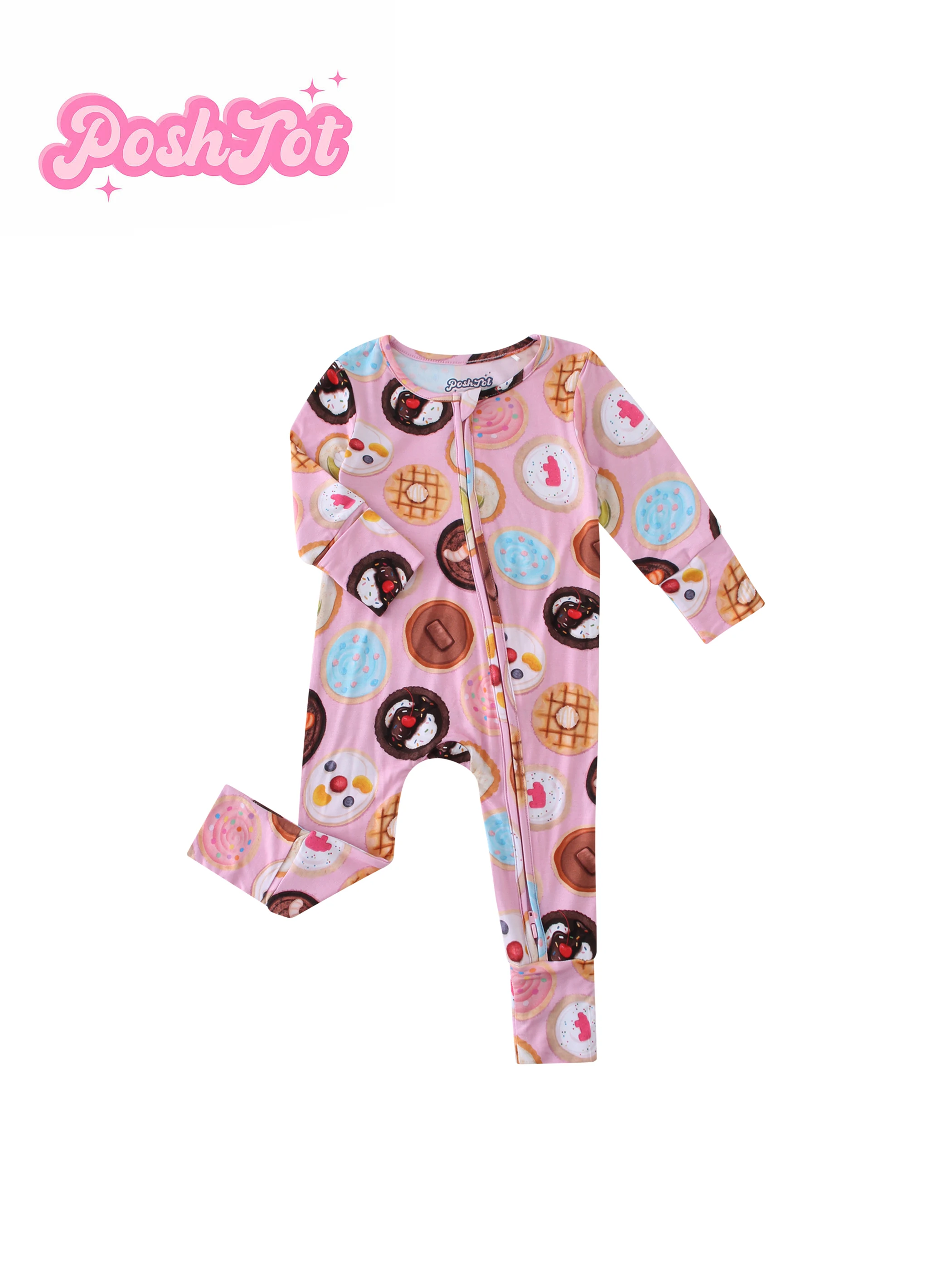 POSHTOT biscuit printed long sleeves for baby. Baby pajamas two-way zipper 0-2 year old jumpsuit.  Baby jumpsuit.