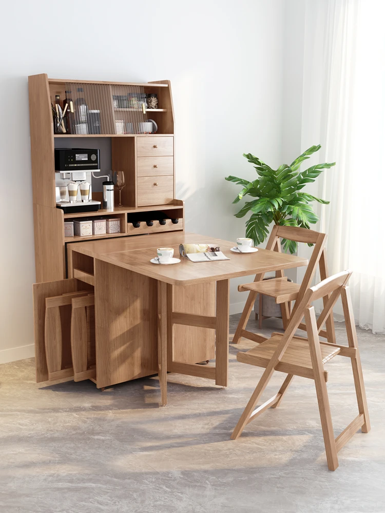 Solid wood folding dining table and side cabinet integrated, household, multi-functional