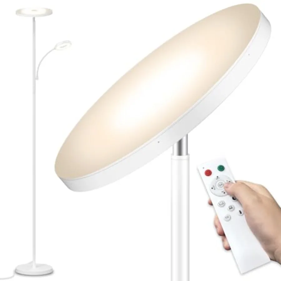 

White Floor Lamp, 42W 4000LM Super Bright LED Room Lamp with Adjustable Reading Light, Dimmable Modern Standing Lamp with Remot
