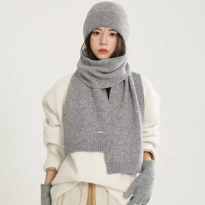 

Knitted hat, scarf, and gloves three-piece set, solid-color wool, warm and versatile for autumn and winter, monochrome