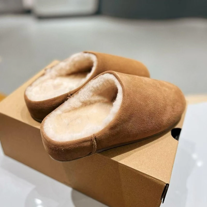 

Women Slippers Suede Short Plush Fur Mules Shoes Flats Shoes Casual Sport 2025 Winter New Slingback Flip Flops Cotton Slides