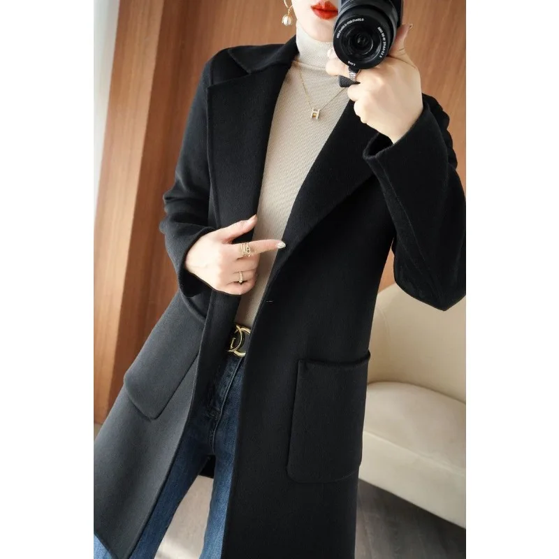 Elegant Women Reversible Cashmere Coat Female Fashion Slim Fit Mid-Length Woolen Outwear One Button Casual Solid Color Outcoat