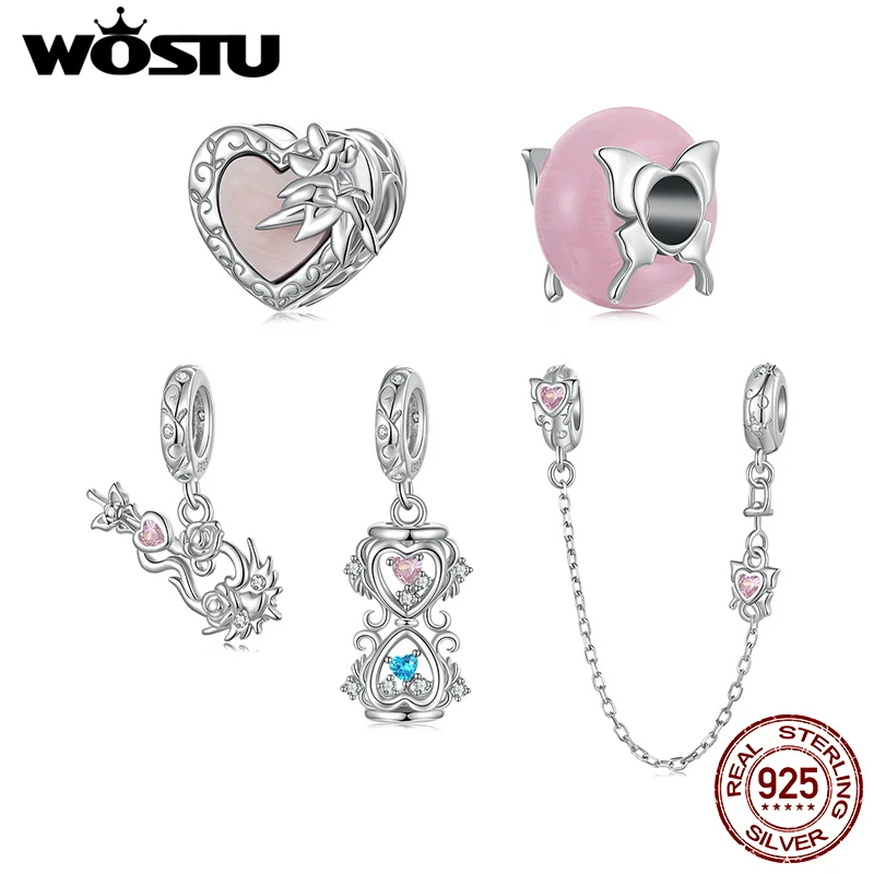 WOSTU 925 Sterling Silver Spring Hourglass Pendant Flower Elf Charm Pink Butterfly Murano Beads Fit DIY Bracelet Necklace Gift