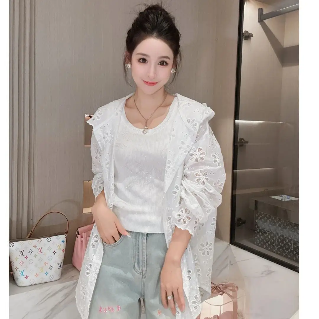 Hot Diamond Bluzka z długim rękawem Kurtka Letnia Nowa Przemysł Ciężki Hook-up Hollow Lace Wysokiej klasy klimatyzowana koszula z kapturem Top