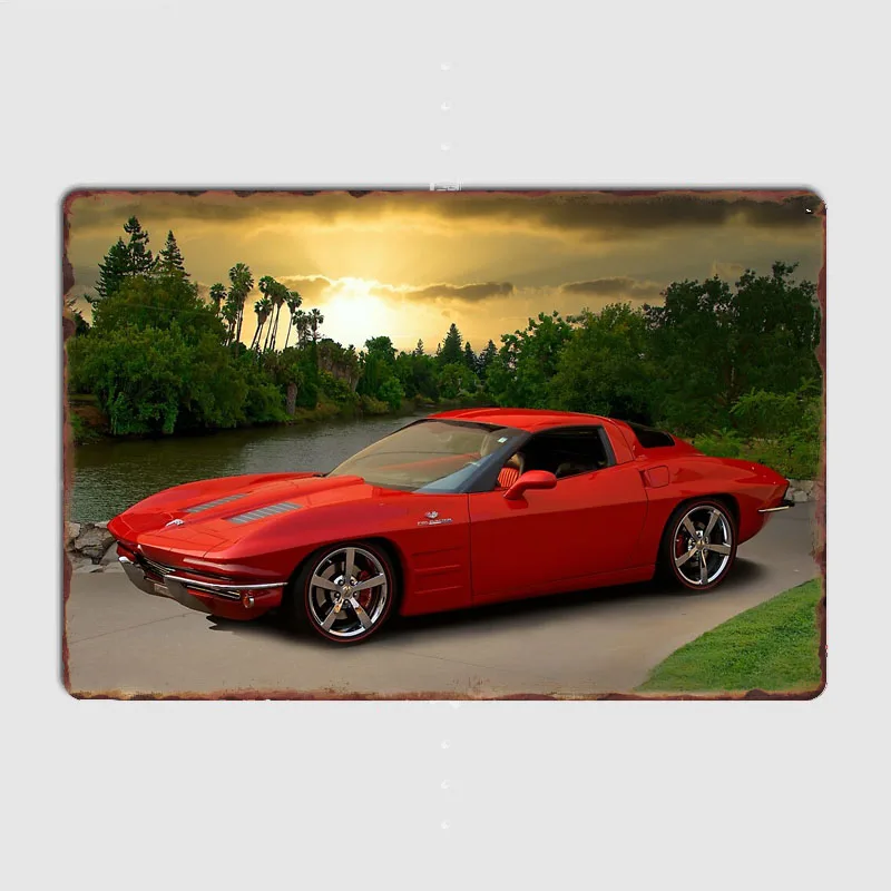 Red C2 Corvette Stingray Classic Sport Car Metal Sign Poster Garage Car Decoration Room Decor Automobile Club Tin Home Decor