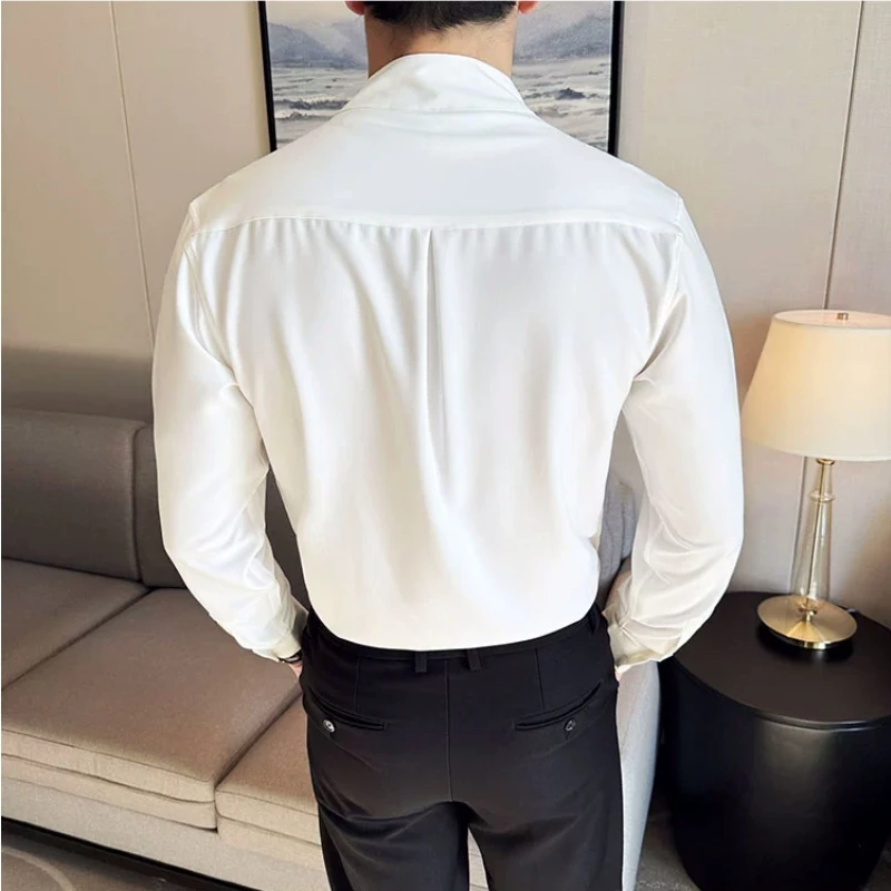 Plus Size 4XL-M New Sexy V-neck Shirt Men Long Sleeve Solid Slim Fit Casual Business Dress Shirt Social Party Tuxedo Blouse