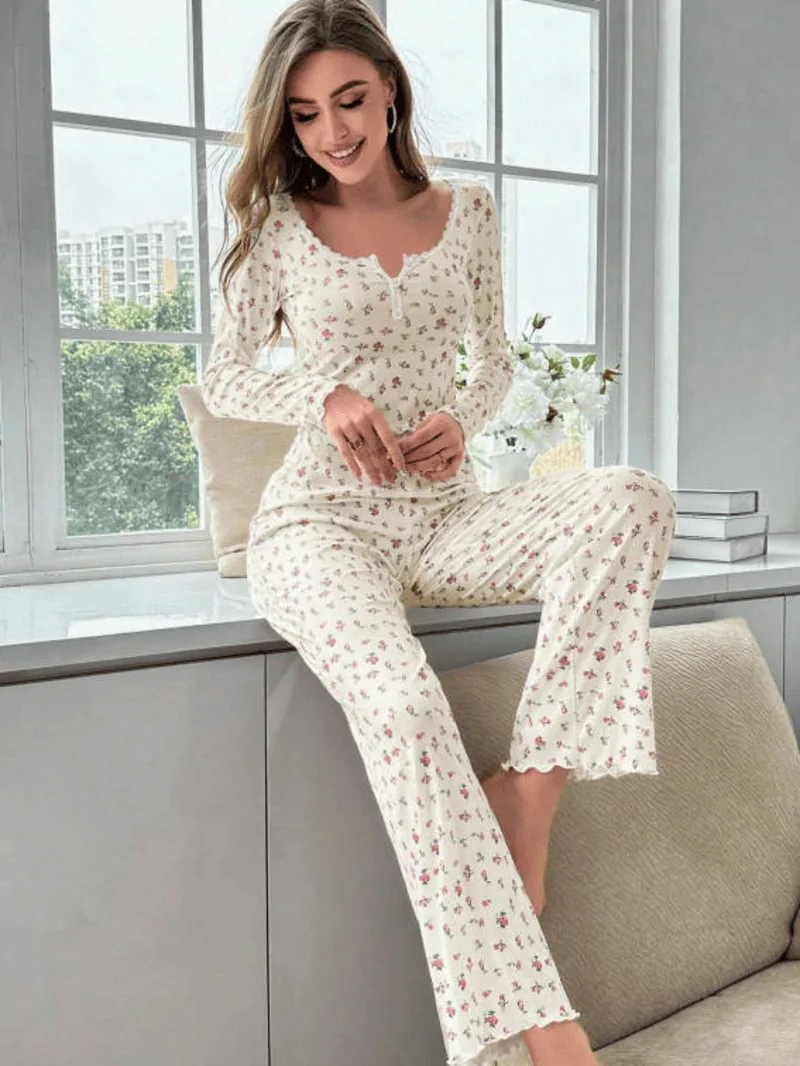 

Осенне-зимняя домашняя одежда, комплекты длинных брюк с длинными рукавами и цветочным принтом, повседневные модные комплекты брюк с кружевной отделкой и круглым вырезом, Pure Desire LIXF