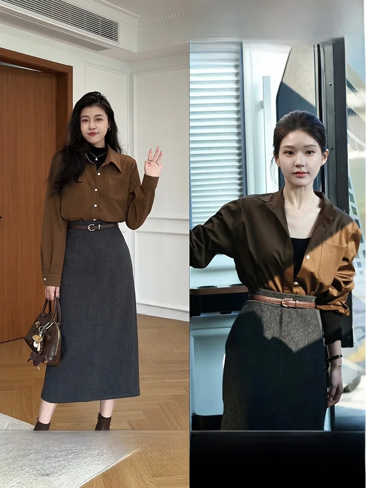 

Zhang a Xing Winter New Arrival Ele Commute Coffee Color Loose irt ey Woolen f Skirt Two-Piece Set Casual Sle