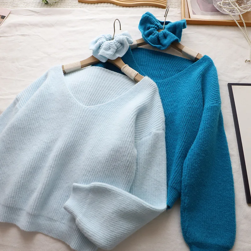 Loose Long Sve V-Ne Sweater Women's Autumn Winter Lazy Sle Korean System Knitted Top Loose Slimming Soft Circle Hairband