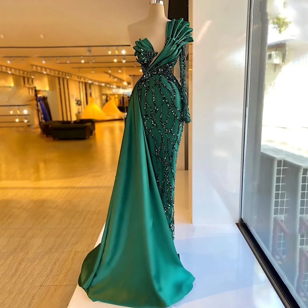 

Charming One Shoulder Long Sleeves Evening Dress with Sequin and Pleat Women Custom Made Gowns for Wedding Party Gueat 2024