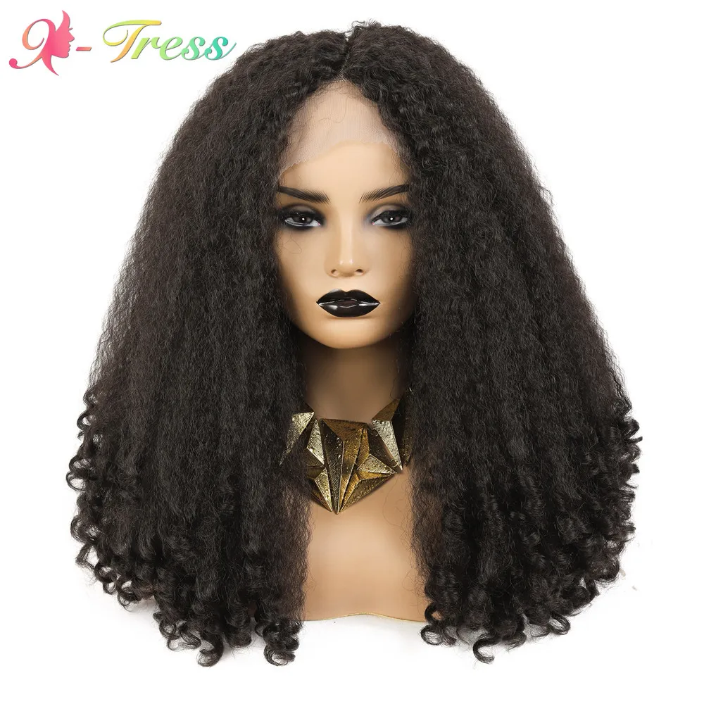 

X-TRESS Kinky Curly Synthetic Lace Front Wigs for Black Women Dark Brown Middle Part Afro Fluffy Hair Lace Wig Daily Hairstyles