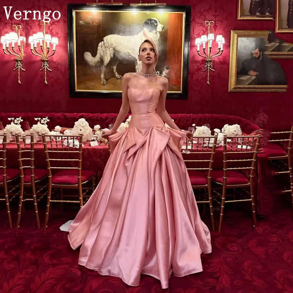 

Verngo Princess Pink Satin Evening Dress Strapless A Line Pleated Prom Gowns Graceful Celebrity Party Dress Customized