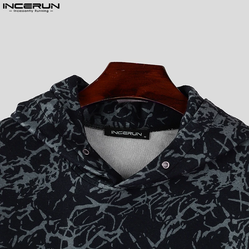 Fashion Casual Style Tops INCERUN Men Inverted Triangle Waist Hooded Sweatshirt Personality Mottled Printed Long Sleeved Hoodies