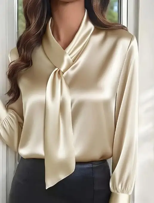 

Women's Long Sleeve Shirt Autumn Solid Color Fashion Design with Ribbon Top Selling 2025 Wear