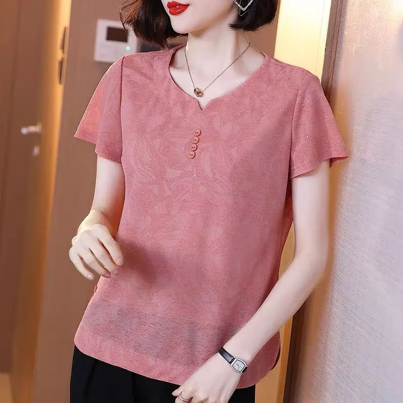 2023 Summer Korean Fashion Women\'s Rhinestone Round Neck Solid Short Sleeve T-shirts Casual Simple All Match Top Female Clothing