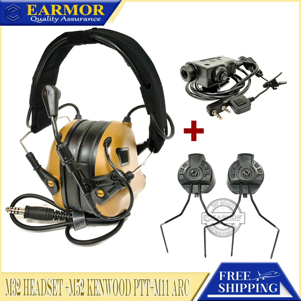 EARMOR M32 MOD4 Tactical Headset &M11 ARC Rail Adapter &M52 PTT Adapter Set for Radio Communication Shooting Noise Clearance