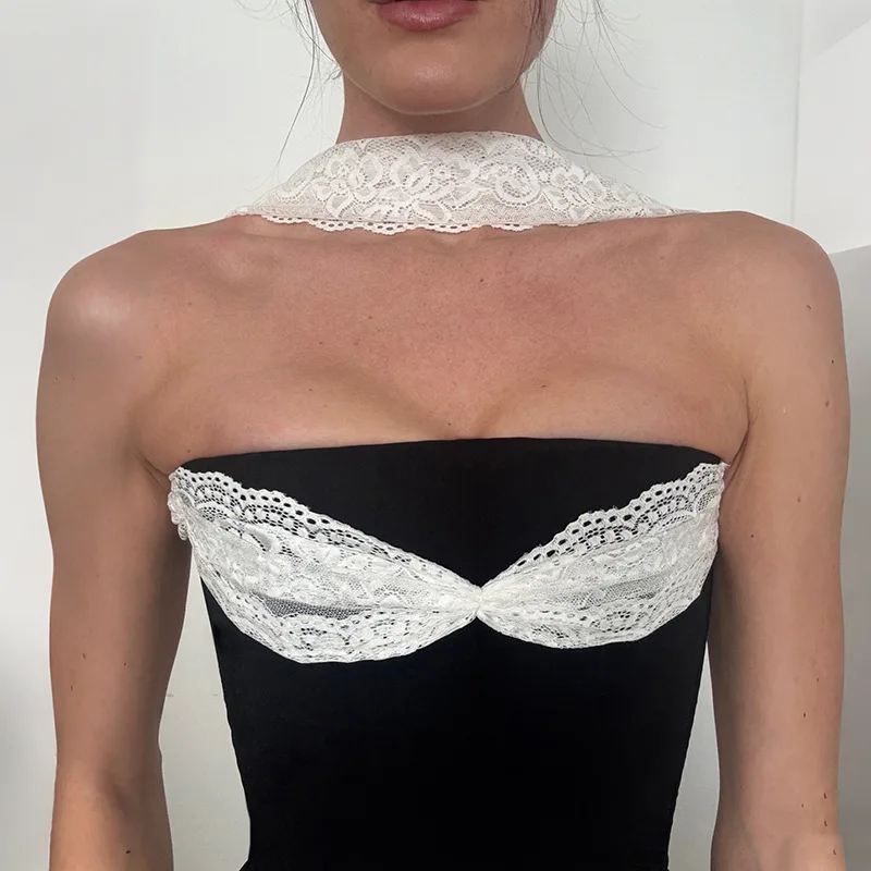 Y2K Halter Tank Top Women Patchwork Mesh Summer Trend Strapless Lace Trim Slim Fit Short Length  Color Pullover Vest