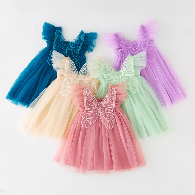 3-8Years Children Girls\' Dress Butterfly Dress For Girls Summer New Flying Sleeve Mesh Princess Dress