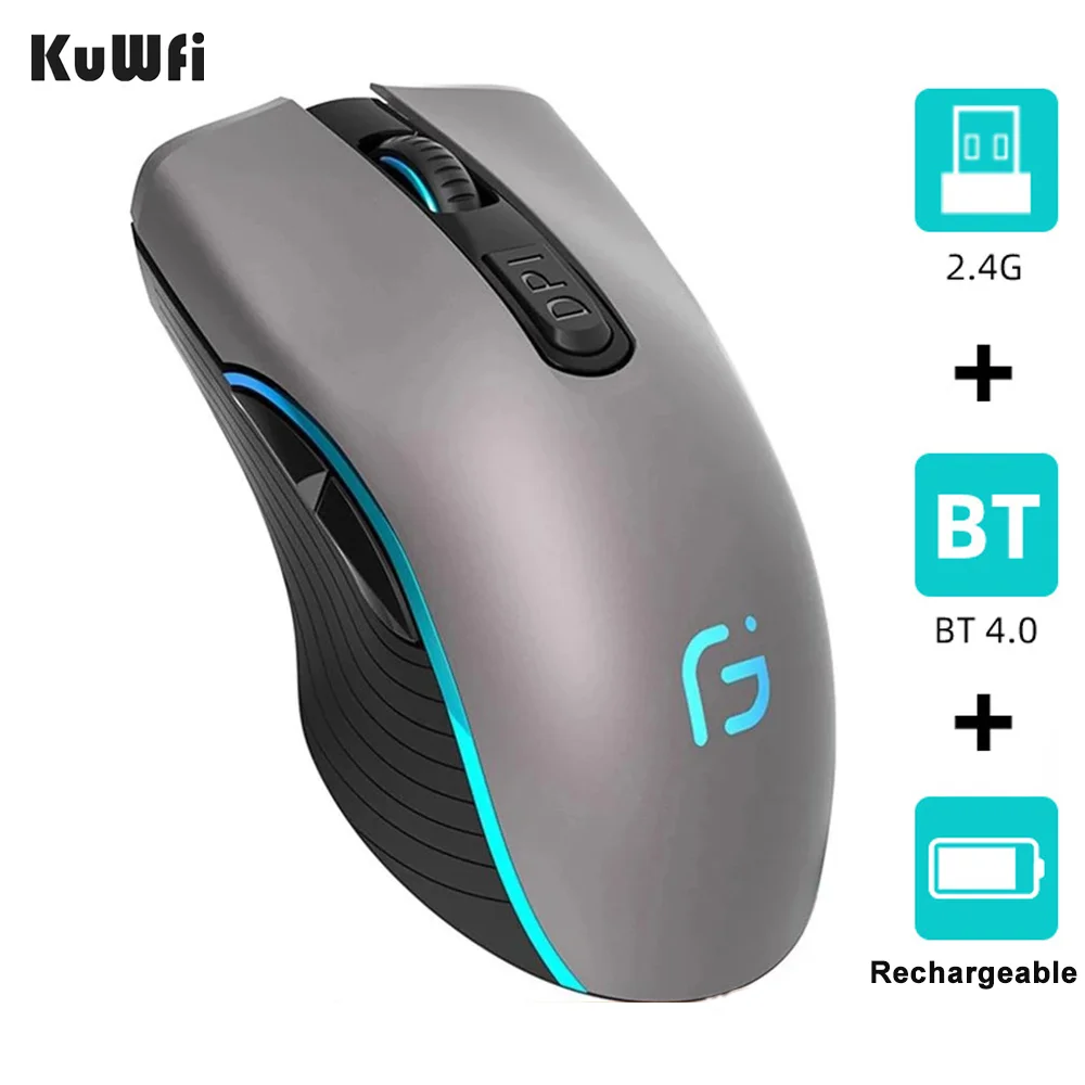 KuWFi-ratón óptico inalámbrico para ordenador, periférico Portátil con Bluetooth 4,0 + 2,4 Ghz, modo Dual, 2 en 1, 2400DPI, ergonómico