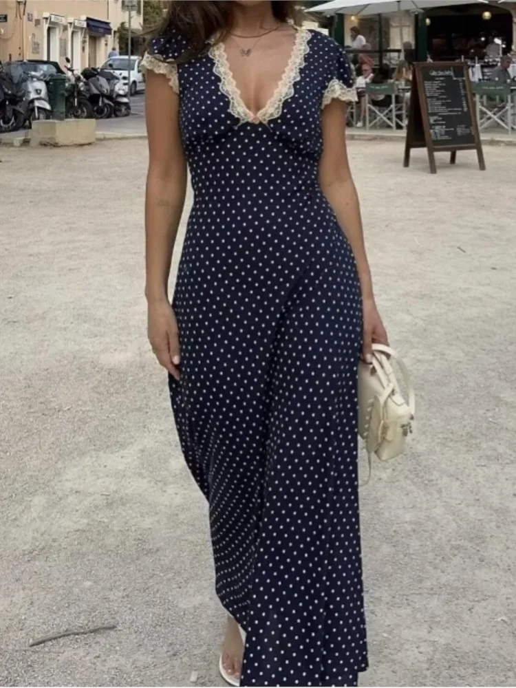 Chic Fashion Lace Polka Dot Long Dress V-neck Sexy Women Dress Navy Blue Vintege Elegant Dresses 2025 New Woman Clothing