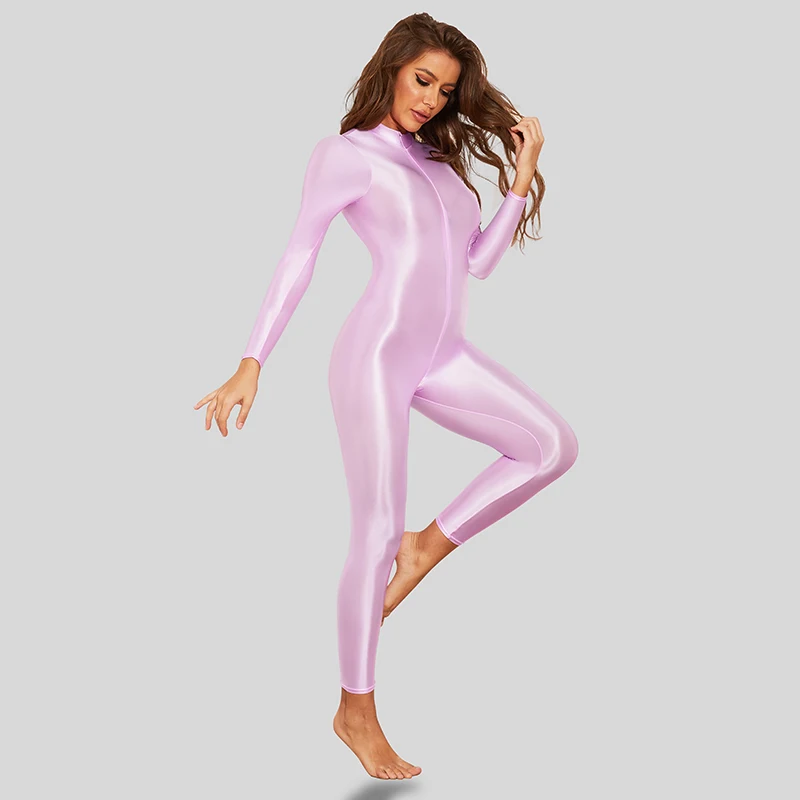 Shiny Satin Sexy Body Suits Women Long Sleeve Bodysuit Full Length One-piece Tights Silky Smooth Zipper Open Crotch Rompers