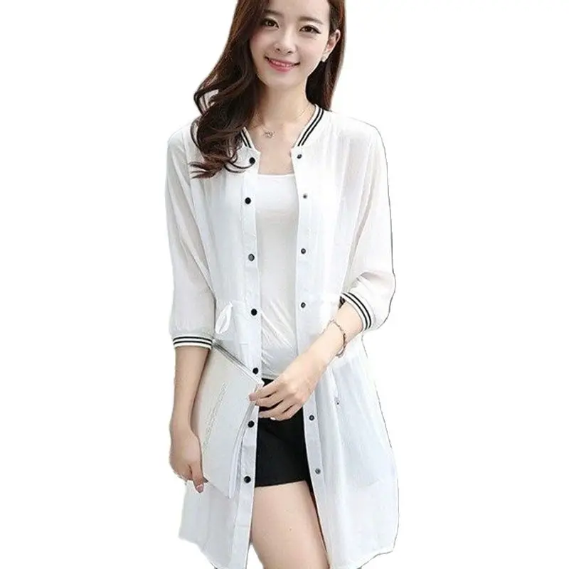 Light Women\'s Sun Protection Jacket 2022 Summer New Loose Chiffon Medium Long Three Quarter Sleeves Wild Drawstring Female Tops