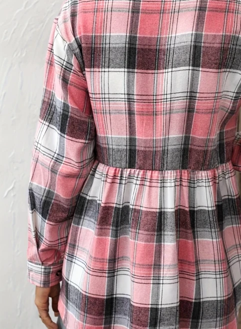 Plaid Print Polo Collar Blouse, Casual Cinched Waist Long Sleeve Blouse For Spring & Fall, Women\'s Clothing